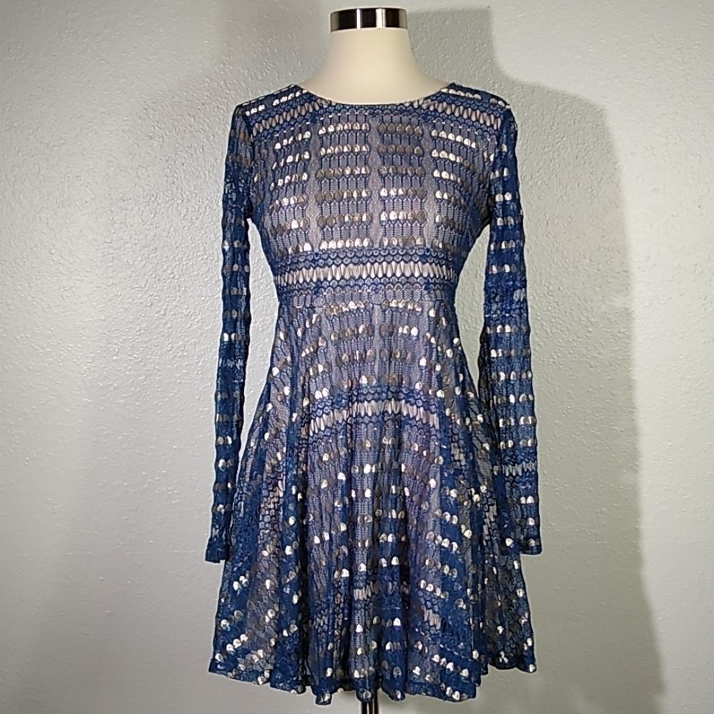 Andree by Unit Blue Gold Lace Mini Dress Sm‎